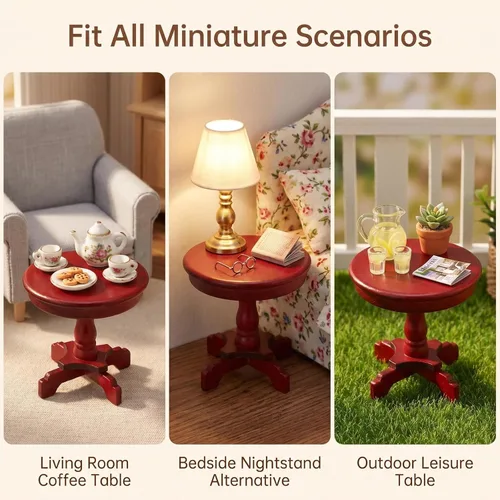 Vista 6 de Mesa auxiliar de casa de muñecas en miniatura, muebles de madera a escala 1:12, modelo de mesa de té lateral redonda para accesorios de casa