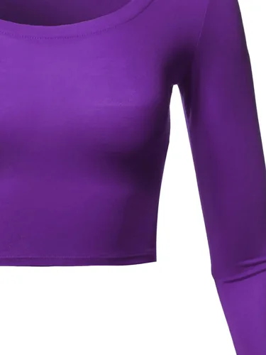 Vista 4 de Camiseta elástica en color liso de manga larga, con cuello redondo, para mujer