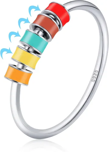 Vista 7 de LOVECOM Anillo giratorio de plata de ley 925 con cuentas esmaltadas coloridas para mujer, anillo giratorio antiansiedad, giratorio, apilable