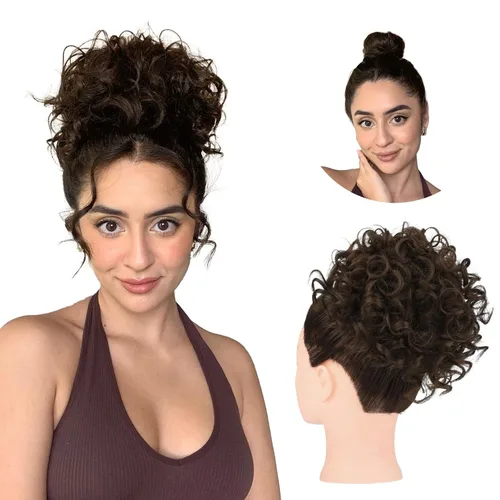 Vista 21 de HOOJIH - Moño desordenado para el pelo, pieza de pelo con cordón elástico, onda suelta, gran moño rizado, corto, extensión de cola de caballo Negro