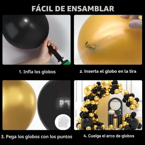Vista 4 de Kit de arco de guirnalda de globos de color dorado y negro, 134 globos metálicos dorados y negros con diferentes tamaños para graduación