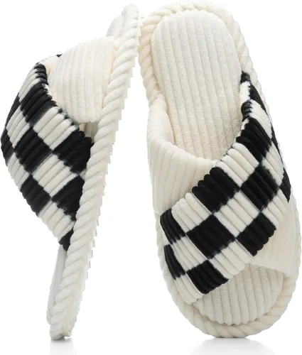 Vista 7 de GOEWY - Pantuflas para mujer con espuma viscoelástica para el hogar, con entretejido de pana, tiras cruzadas, con punta abierta, sandalias cómodas