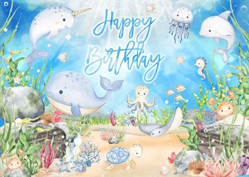 Vista 5 de Mocsicka Pancarta de cumpleaños con texto en inglés "Under The Sea", decoración de acuarela pulpo, ballena, tiburón, animal marino, fondo