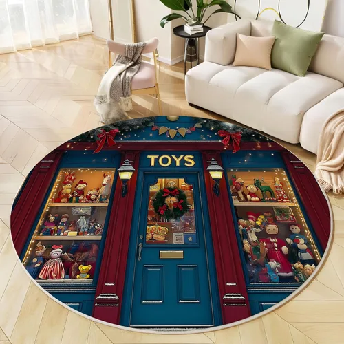 Vista 2 de Christmas Round Rug 6Ft Christmas Toy Window Display Washable Round Area Rug for Living Room Retro Theme Non Slip Soft Faux Wool Carpet Navy Blue