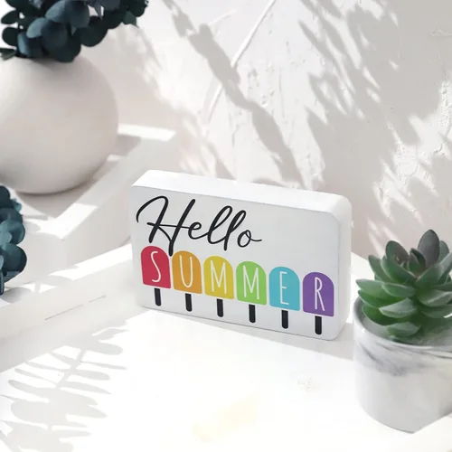 Vista 5 de Letrero de bandeja escalonada con texto en inglés «Hello Summer» – Letrero envejecido, decoración rústica, mini letrero, decoración de granja