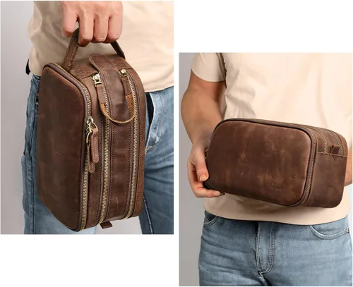 Vista 6 de S-ZONE - Neceser de viaje de cuero para hombres y mujeres, bolsas de afeitar cosméticas Marrón oscuro