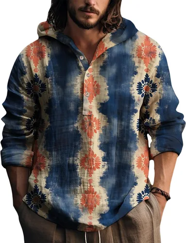 Vista 4 de Sudaderas con capucha para hombre, con estampado de teñido anudado, cuello en V, manga larga, con botones, de gran