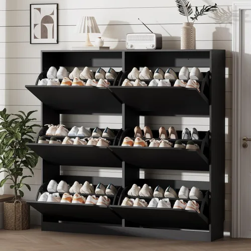 Vista 26 de Xixini Armario de almacenamiento de zapatos para entrada con 2 cajones abatibles, almacenamiento oculto independiente de madera, organizador de Negro