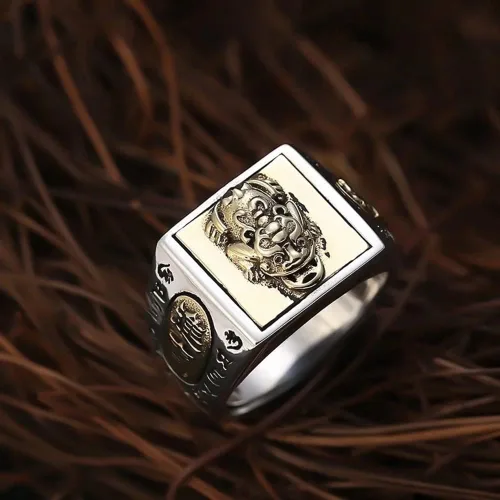 Vista 4 de JUNTEN Anillo de plata de ley 925 Feng Shui PIXIU para hombre, ajustable, abierto