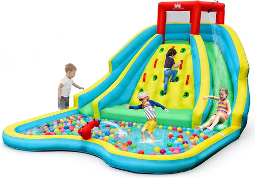 Vista 10 de BOUNTECH Parque inflable de tobogán acuático con dinosaurio, parque acuático de toboganes dobles con pared de escalada, castillo animoso
