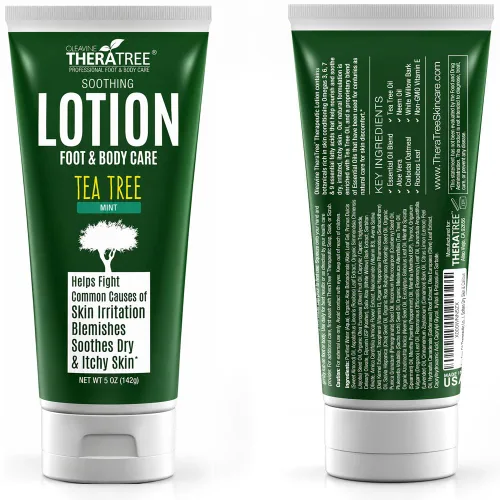 Vista 2 de TheraTree - Loción de aceite de árbol de té con aceite de neem para pies y cuerpo, hidratante calmante con aloe vera, avena coloidal y mentol