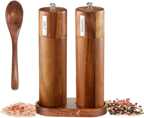 Vista 9 de KING - Molinillos de madera de sal y pimienta de acacia, juego de molinillo de sal y pimienta de madera, recargable y ajustable, molinillo manual