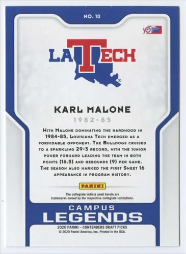 Vista 2 de 2020-21 Panini Contenders Draft Picks Campus Legends #10 Karl Malone Louisiana Tech Bulldogs Official NCAA Basketball Card in Raw