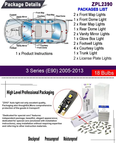 Vista 2 de ZIYO Kit de luces interiores LED de reemplazo para BMW E90 E91 E92 E93 Serie 3 2005-2013, bombillas LED de domo blanco xenón 6000K de 18 bombillas