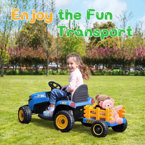 Vista 6 de ANPABO Tractor de paseo de 24 V con remolque inclinable y desmontable, neumáticos EVA, hasta 4.3 Mph, juguetes para montar con control remoto Azul