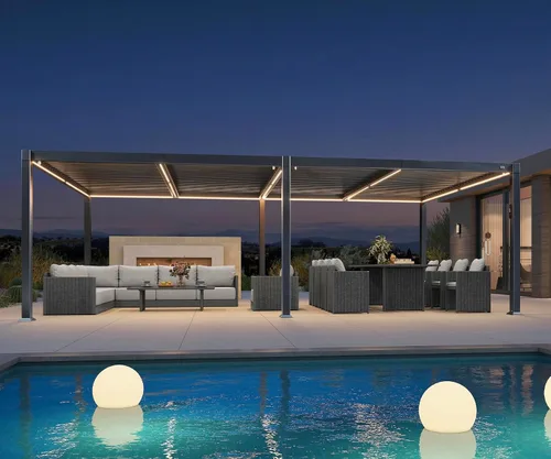 Vista 21 de PURPLE LEAF Pérgola con listones 92KS de 8 x 10 pies con tira LED regulable solar integrada, techo ajustable de aluminio a prueba de lluvia