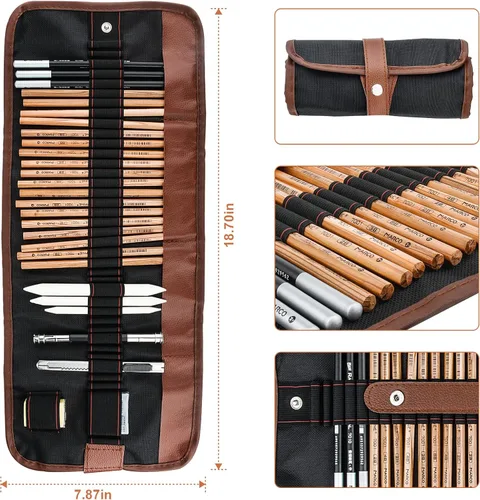 Vista 6 de YunQiDeer Lápices de dibujo, suministros de arte, kit de lápices de boceto para niños y adultos, juego de lápices de arte de grafito de carbón