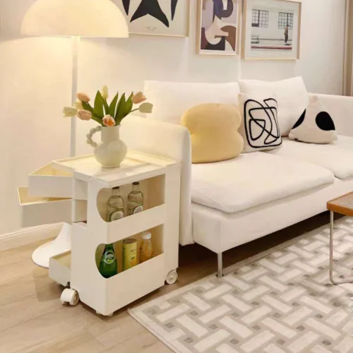 Vista 7 de Mesita de noche con 2 cajones, mesa auxiliar giratoria de 360° junto a la mesita de noche, muebles organizadores, moderna mesita de noche