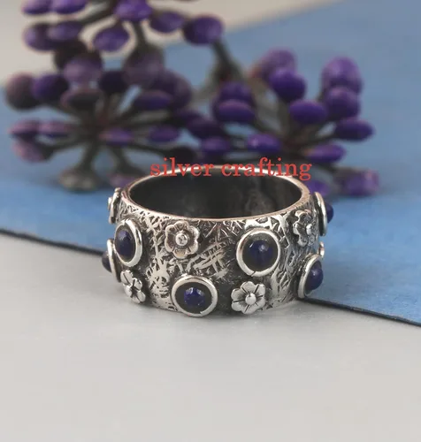Vista 3 de Anillo redondo de lapislázuli hecho a mano, joyería de plata de lapislázuli para mujer, anillo de plata de piedra azul