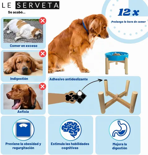 Vista 4 de Cuencos de cerámica para perros de alimentación lenta, elevados, 3 tazas, comedero lento elevado con soporte de madera para razas medianas y Azul