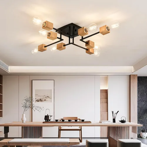 Vista 6 de Lámpara Sputnik moderna de 8 luces, color negro y madera, estilo retro, mate, lámpara de techo bohemia para cocina, comedor, sala de estar