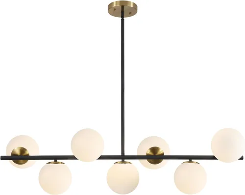 Vista 16 de KCO Iluminación Moderna Candelabro Colgante Lineal de Latón con 7 Luces de Cristal Dorado y Blanco, Iluminación Colgante Globo de Mediados de Siglo
