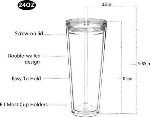 Vista 3 de Suertestarry Vasos transparentes de 24 onzas con tapa y pajilla, paquete de 3 vasos de plástico, vasos reutilizables con aislamiento de doble pared