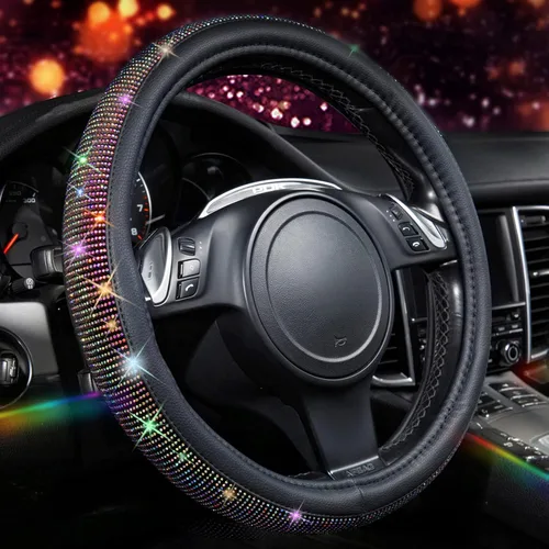 Vista 17 de CAR PASS Funda para volante de cuero beige con diamantes brillantes, cristales blancos brillantes con purpurina y pedrería, ajuste universal de 14