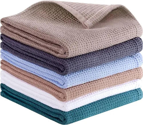 Vista 19 de QUILTINA Paquete de 6 paños de cocina de 12 x 12 pulgadas, 100% algodón, tejido de gofre, súper absorbentes, de secado rápido, color beige