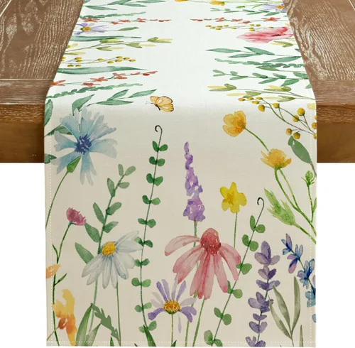 Vista 12 de GEEORY Camino de mesa de primavera de 13 x 72 pulgadas, acuarela floral de flores silvestres con mariposa, decoración de mesa rústica de granja
