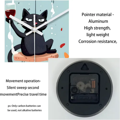 Vista 7 de XNM Reloj de Pared Analógico de Vidrio Operado por Batería 12 Pulgadas Redondo de Cuarzo Reloj de Gato Negro para Cocina Reloj de Pared Silencioso