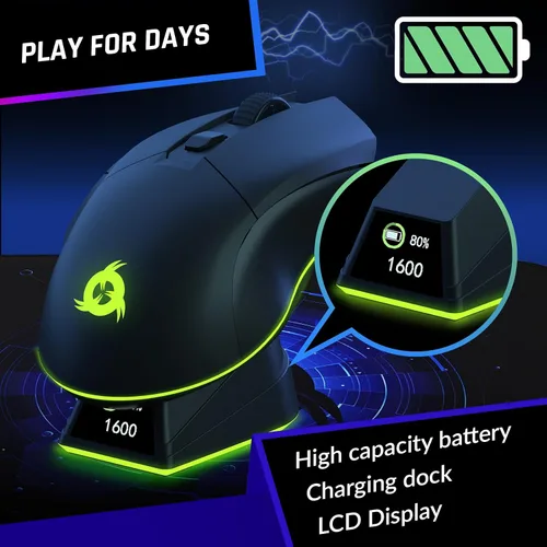 Vista 4 de KLIM Blaze Pro - Mouse inalámbrico recargable para juegos con base de carga RGB y pantalla LCD, nueva versión, sensor de alta precisión y batería