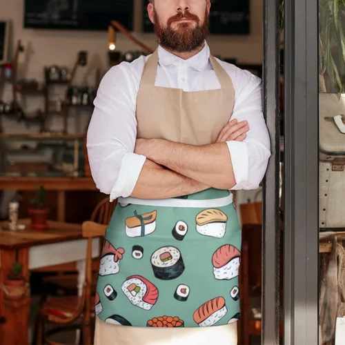 Vista 7 de Delantal japonés de media cintura con patrón de sushi Kawaii con 3 bolsillos para restaurante con correa larga, delantales a juego para mujeres