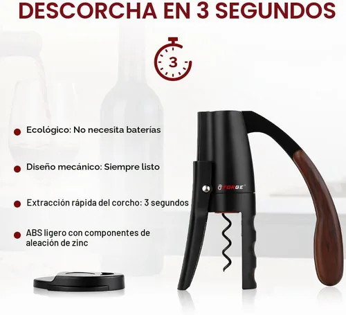 Vista 2 de Forge Sacacorchos de palanca vertical compacta de calidad con cortador de papel de aluminio. 3 segundos para abrir una botella de vino. Negro.