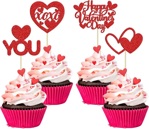 Vista 37 de Ephlyn 24 adornos para cupcakes con purpurina para el día de San Valentín, dulce amor, corazón, día de San Valentín, decoración para cupcakes