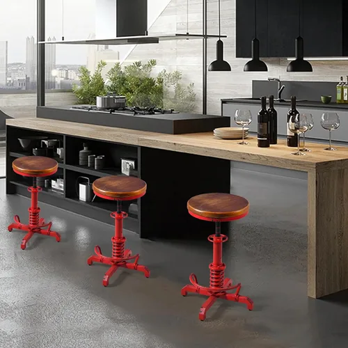 Vista 5 de Topower Industrial Retro Vintage Farm Asiento de madera Tractor Taburete Cocina Giratorio Altura Ajustable Taburete de bar Rojo Antiguo