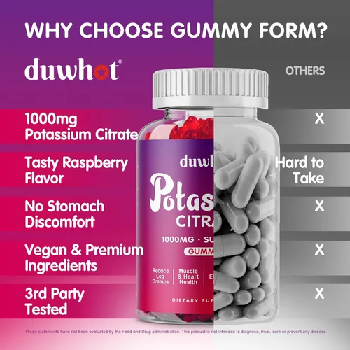 Vista 3 de duwhot Gomitas de citrato de potasio de 1000 mg, suplemento de potasio para adultos, mujeres y hombres, ayuda a calambres en las piernas y la salud