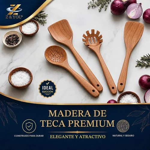 Vista 3 de Juego de utensilios de madera de teca extra grandes de 4 piezas, espátula de madera antiadherente para cocinar, cuchara espumadera y cuchara