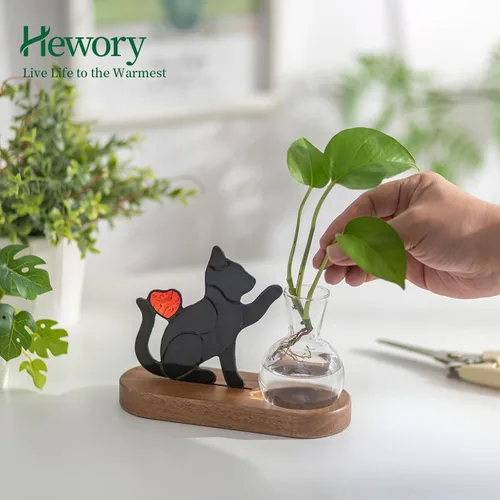 Vista 3 de Hewory Estaciones de propagación de gatos hechas a mano: maceta negra para gatos con soporte de madera para decoración de escritorio para amantes