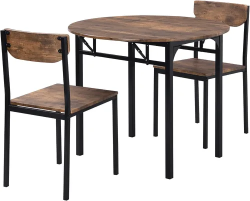 Vista 7 de Moderno juego de mesa de comedor redonda de 3 piezas con hojas caídas y 2 sillas para lugares pequeños, marco negro + acabado marrón rústico