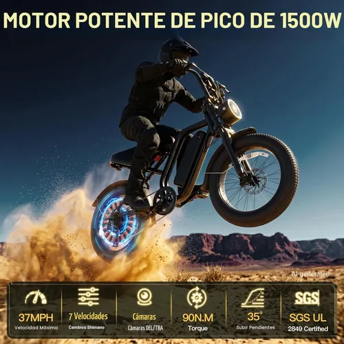 Vista 4 de Bicicleta eléctrica para adultos, 1500W Fat Tire Ebike 20"x4" Batería
