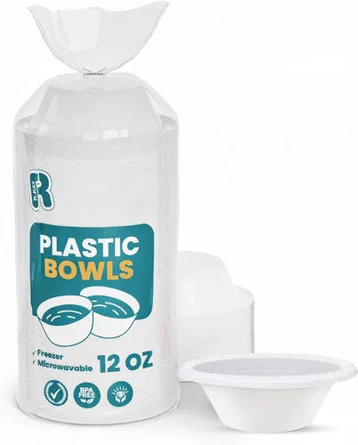 Vista 7 de R-kay Tazones de plástico - 100 unidades de tazones desechables aptos para microondas - Tazones de plástico blanco resistentes, de alta resistencia