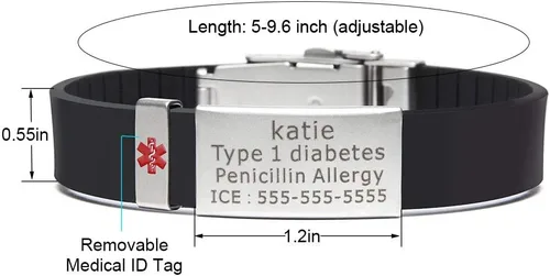 Vista 3 de Pulsera de alerta médica de silicona y etiqueta de identificación de acero inoxidable, pulsera médica de salud de emergencia para mujeres y hombres