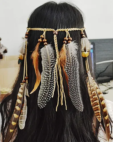 Vista 4 de Diadema de plumas indias, tocado ajustable marrón, borlas tribales de plumas, cuerda de cáñamo para carnaval, disfraz hippie, fiesta, festival