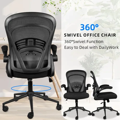 Vista 9 de Silla de escritorio para computadora con ruedas, silla de oficina de malla con brazos abatibles, soporte lumbar ajustable, silla de escritorio Negro