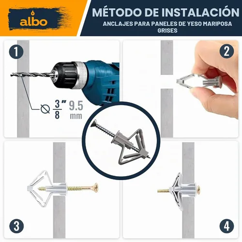 Vista 4 de Kit de anclaje para paneles de yeso Albo Anclajes de pared huecos con tornillos 50 piezas. (Anclaje gris 25 piezas + tornillos 25 piezas) Anclajes