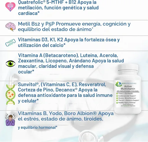 Vista 4 de Multivitamínico activo ADK, complejo de metilo B, antioxidantes Folato cuatrifólico, metilo B12, P5P, vitamina D3, K1/K2 60 cápsulas