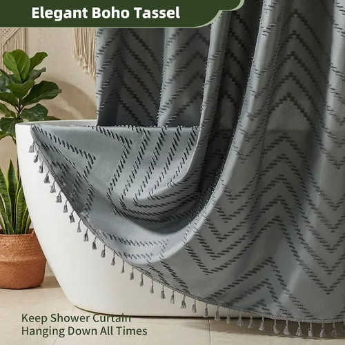 Vista 28 de Cortina de ducha Siiluminisoy de 36x72 beige, cortina de ducha de tela de tamaño pequeño, cortinas de ducha de tela con tufting, diseño chevron a