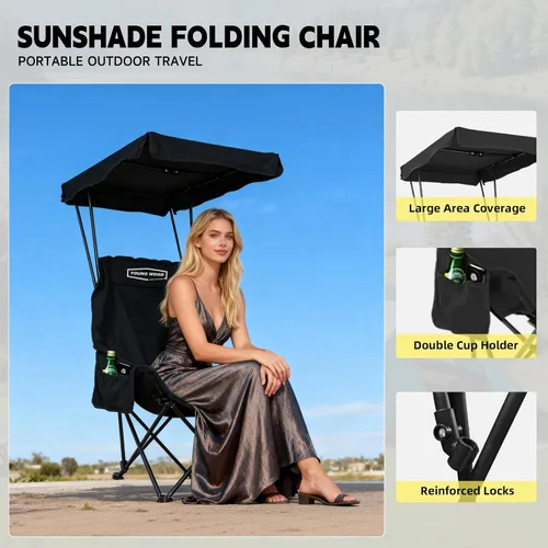 Vista 8 de YOUNG WOOD Silla de Camping y Playa Portátil con Toldo de Sombra, Plegable Ligera de Gran Tamaño para Todos, Fácil de Abrir y Cerrar Sin