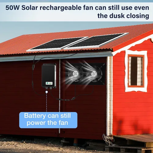 Vista 7 de Kit de 2 ventiladores solares con batería de 66.6 Wh, panel solar de 50 W, ventiladores recargables resistentes a la intemperie para gallinero